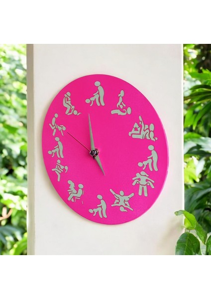 Kamasutra Fosforlu Mini Ahşap Magenta Pembe Duvar Saati Cam Yok Çap 22 cm