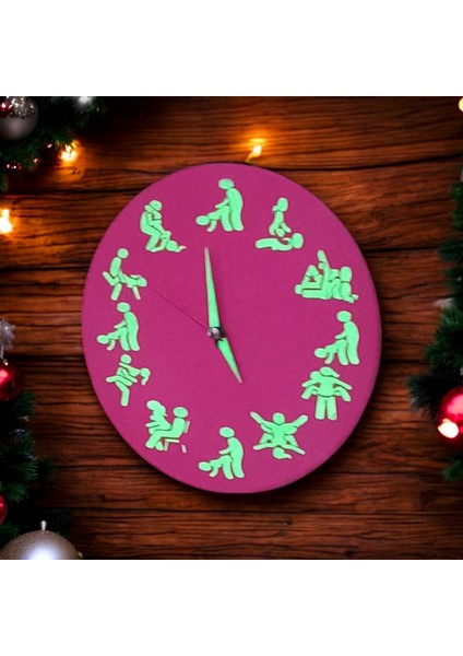 Kamasutra Fosforlu Mini Ahşap Magenta Pembe Duvar Saati Cam Yok Çap 22 cm