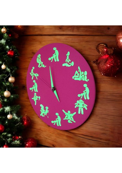 Kamasutra Fosforlu Mini Ahşap Magenta Pembe Duvar Saati Cam Yok Çap 22 cm