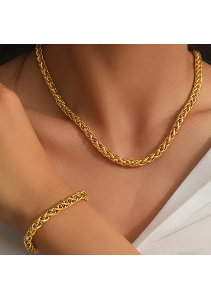 Spiga Model Kalın Burgu Çelik Kolye ve Bileklik Set 4 Mm