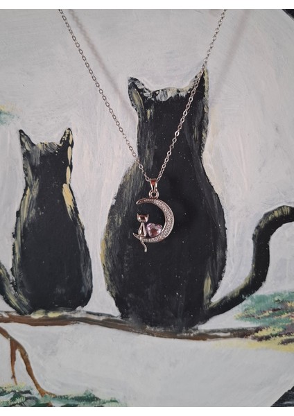 Kadın Kedi Figürlü Ay Çelik Kolye