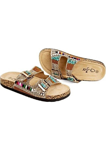 Guja 25Y102-2 Kadın Mantar Taban Çift Bant Taşlı Premium Terlik