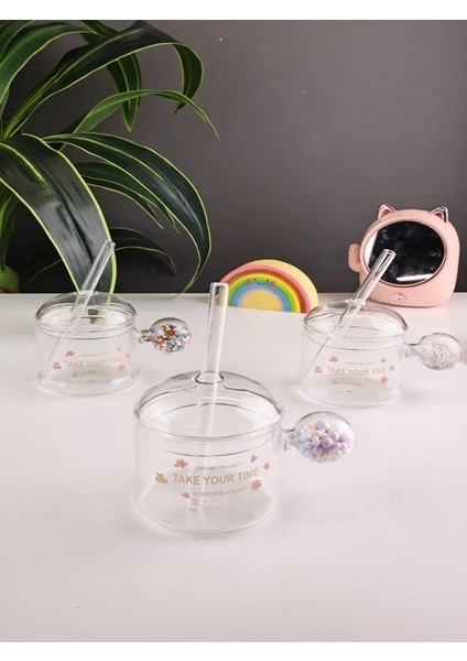 3 Farklı Renk Modeliyle 1 Adet Renkli Kulplu Cam Pipetli Büyük Boy Bardak 500 ml
