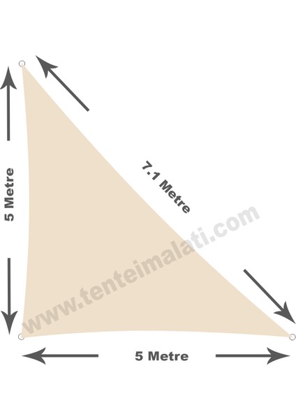 5X5X7.1 Metre Su Geçirmez Üçgen Gölgelik Krem Oxford Kumaş