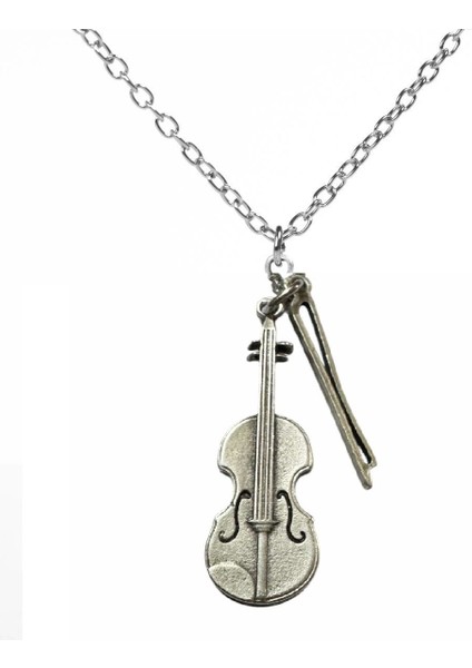 Keman Violin ve Keman Yayı Kolye Erkek Kadın Antik Gümüş Kaplama 60 cm Zincir