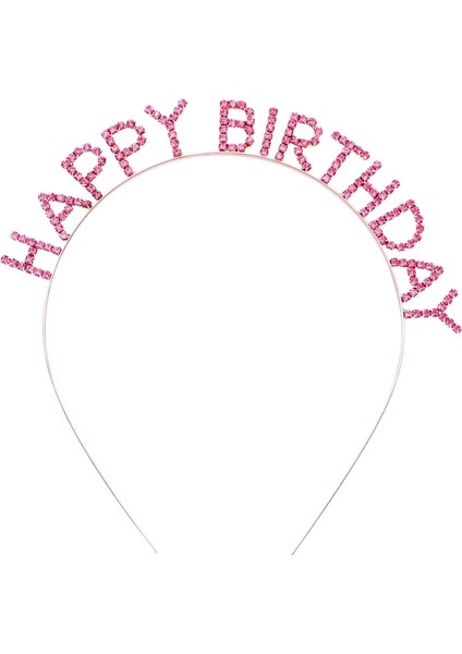 Pembe Renk Kristal Taşlı Gold Renk Kaplama Happy Birthday Taç 16X17 cm