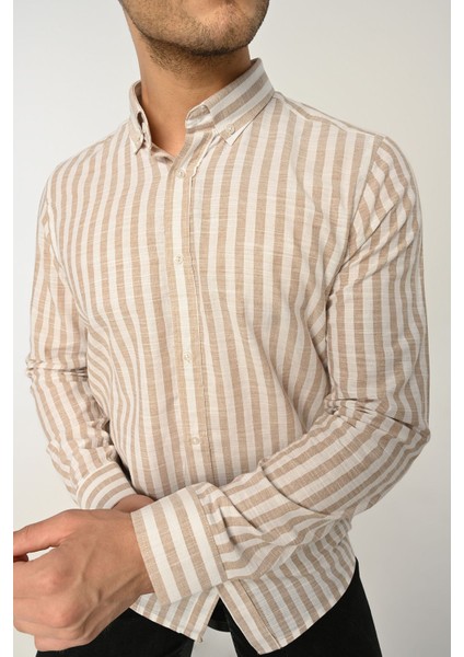 Erkek Gömlek Slim Fit Çizgili Pamuk Keten (Bej)