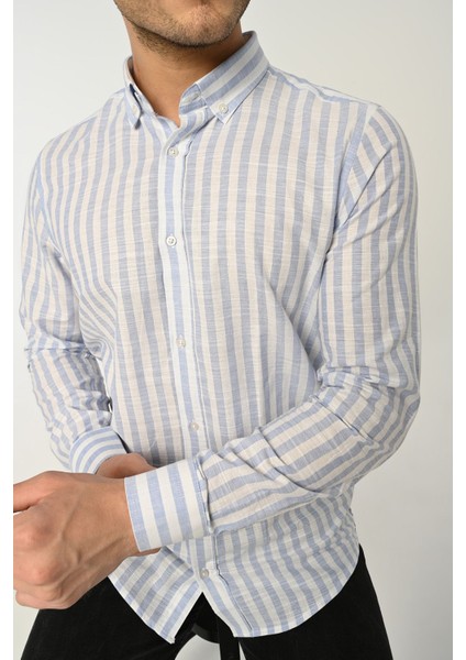 Erkek Gömlek Slim Fit Pamuk Keten Çizgili (Açık Mavi)