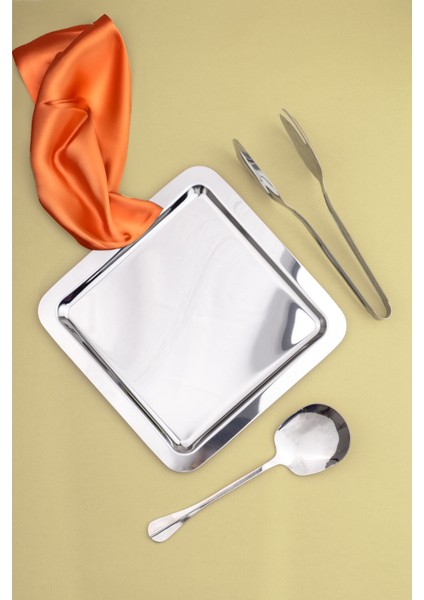 2'li Çelik 22 cm Kare Çay,kahve,pasta Dekoratif Servis Tepsisi