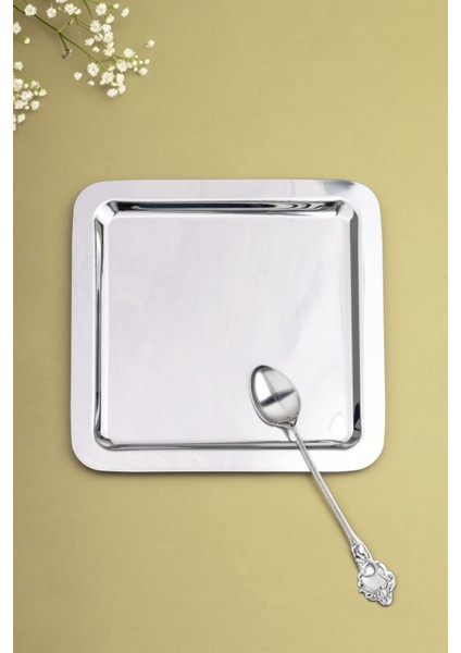 2'li Çelik 22 cm Kare Çay,kahve,pasta Dekoratif Servis Tepsisi