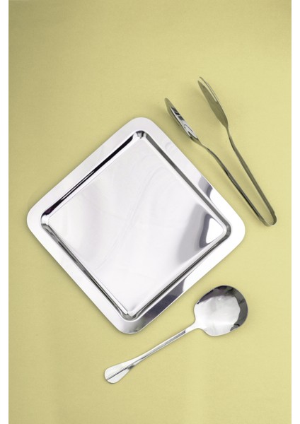 2'li Çelik 22 cm Kare Çay,kahve,pasta Dekoratif Servis Tepsisi