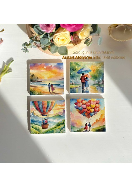 Romantik Suluboya Desenli Bardak Altlıkları 4 \'lü Set fiyatları