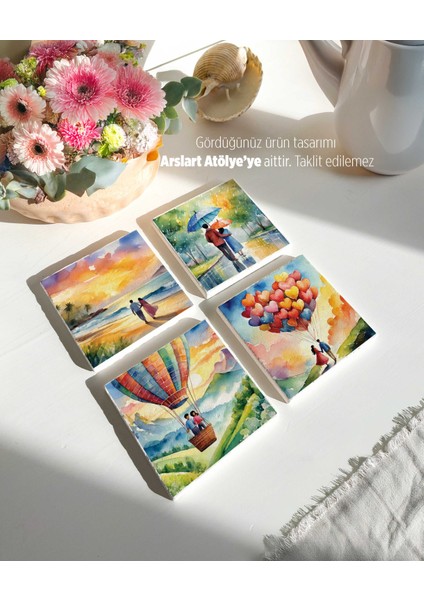 Romantik Suluboya Desenli Bardak Altlıkları 4 \'lü Set modelleri