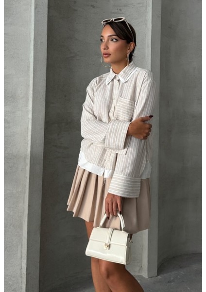 Keten Karışımlı Çizgili Tek Cepli Gömlek