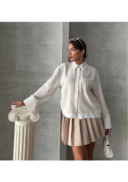 Keten Karışımlı Çizgili Tek Cepli Gömlek modelleri