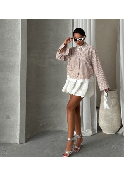 Keten Karışımlı Çizgili Tek Cepli Gömlek