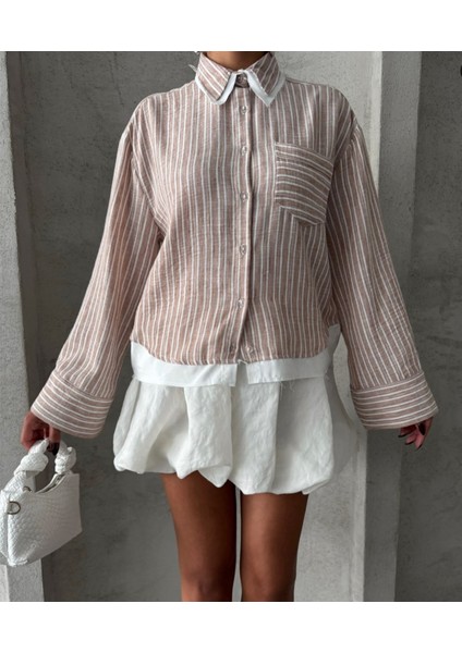 Keten Karışımlı Çizgili Tek Cepli Gömlek modelleri