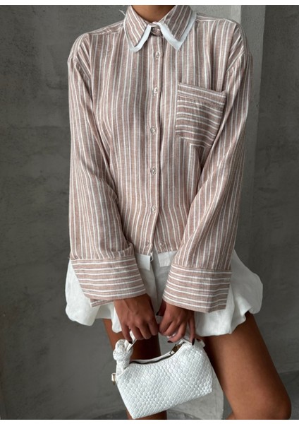 Keten Karışımlı Çizgili Tek Cepli Gömlek fırsatları