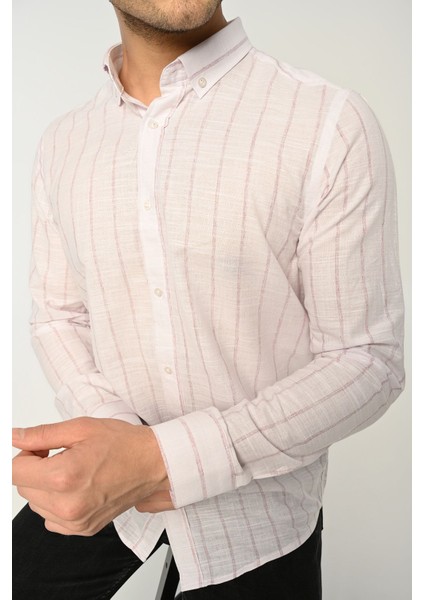 Erkek Gömlek Slim Fit Çizgili Pamuk Keten (Bordo)