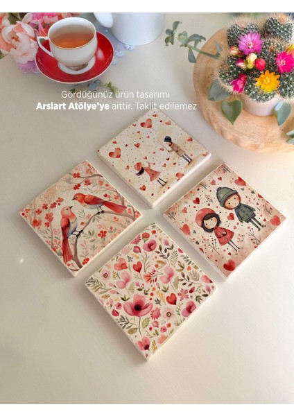 Romantik ve Kuş Temalı Doğal Taş Bardak Altlıkları