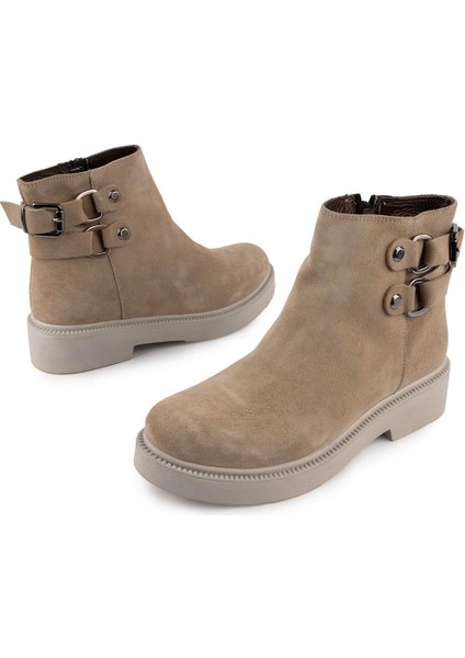 Deri Kalın Hafif Ortopedik Tokalı Spor Bot Bej Süet 201