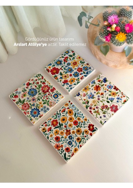 Doğal Taş Üzerine Çiçek Desenli Bardak Altlıkları