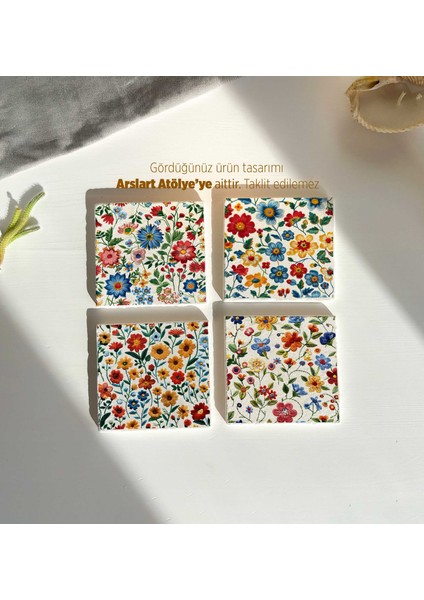 Doğal Taş Üzerine Çiçek Desenli Bardak Altlıkları modelleri