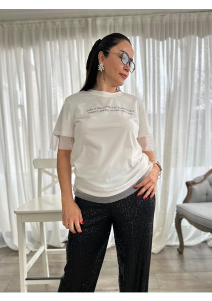 Even Baskılı Tüllü Ekru Pamuk T-Shirt fiyatları