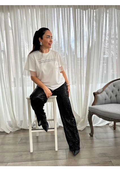 Even Baskılı Tüllü Ekru Pamuk T-Shirt indirimleri