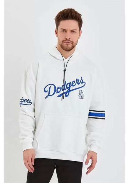 Erkek Baskılı Kapüşonlu Üç Iplik Oversize Sweatshirt - Beyaz