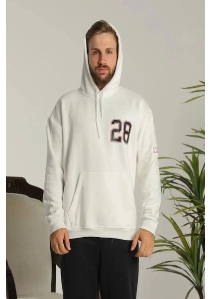 Erkek Sırt Baskılı Oversize Üç Iplik Kapüşonlu Sweatshirt - Beyaz
