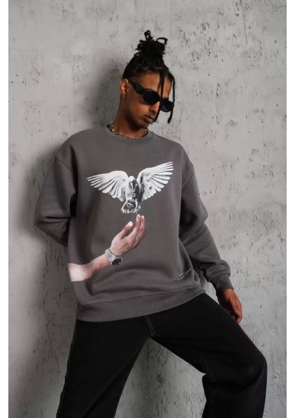 Erkek Güvercin Baskılı Sweatshirt - Gri