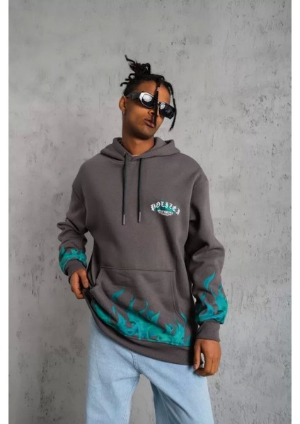 Erkek Üç Iplik Içi Pamuklu Alev Baskılı Kapüşonlu Sweatshirt - Gri