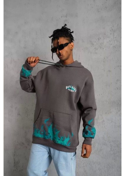 Erkek Üç Iplik Içi Pamuklu Alev Baskılı Kapüşonlu Sweatshirt - Gri