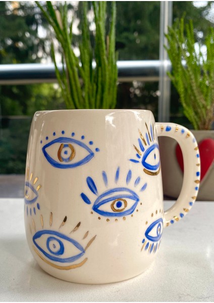 El Yapımı Seramik Gerçek 24K Altın Dekorlu Gözlü Büyük Kupa fiyatları