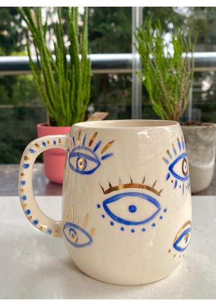 El Yapımı Seramik Gerçek 24K Altın Dekorlu Gözlü Büyük Kupa