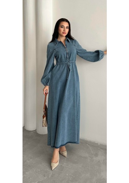 Premium Kalite Fermuarlı Denim Kot Elbise Tesettür Jean Elbise