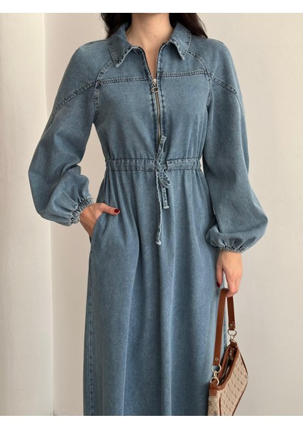 Premium Kalite Fermuarlı Denim Kot Elbise Tesettür Jean Elbise
