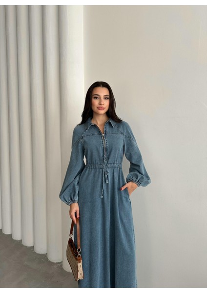 Premium Kalite Fermuarlı Denim Kot Elbise Tesettür Jean Elbise