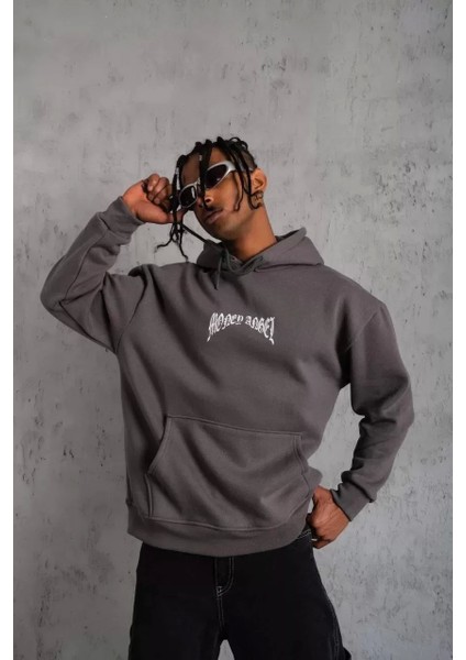 Erkek Kordon Ipli Baskılı Kapüşonlu Sweatshirt - Füme