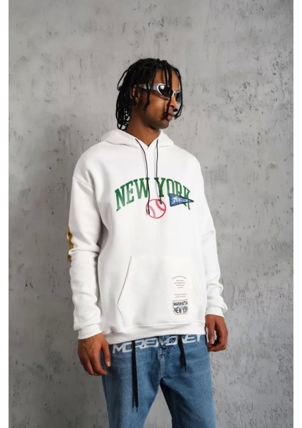 Erkek Baskılı Kapüşonlu Sweatshirt - Beyaz