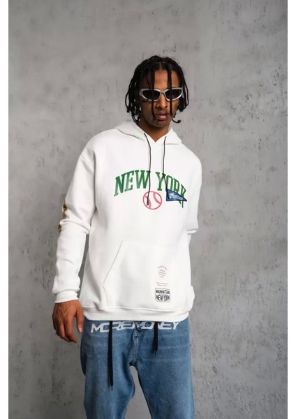 Erkek Baskılı Kapüşonlu Sweatshirt - Beyaz