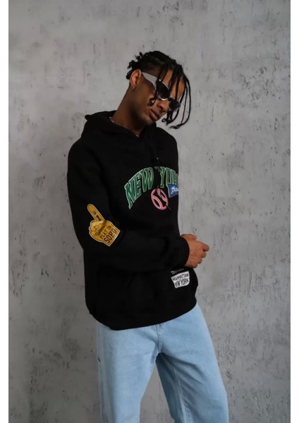 Erkek Baskılı Kapüşonlu Sweatshirt - Siyah