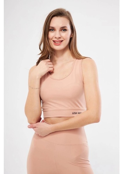 Kolsuz Sporcu Baskılı Crop - Bej