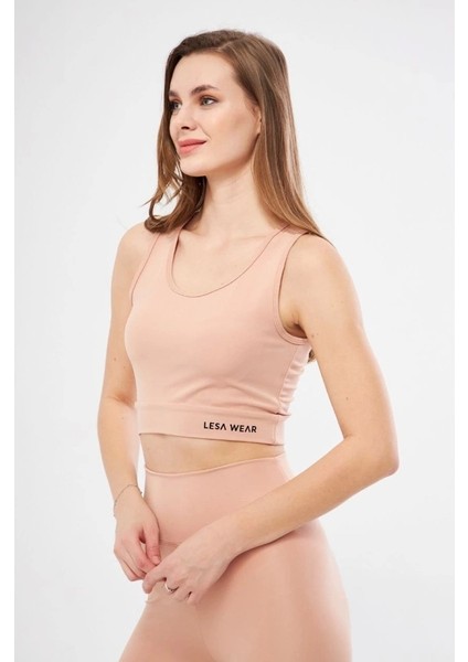Kolsuz Sporcu Baskılı Crop - Bej