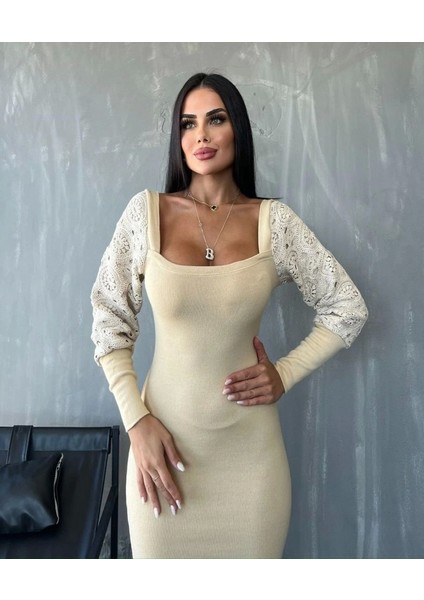 Kadın Kare Yaka Kolları Manşet ve Tül Detay Fırsat Ürün Midi Boy Elbise fiyatları