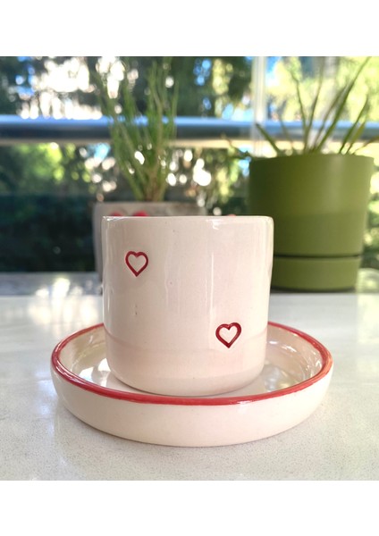 El Yapımı Seramik Gerçek 24K Altın Dekorlu Kalp Kulplu Kırmızı Türk Kahvesi Fincanı fiyatları