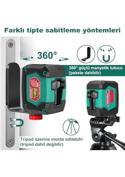 Koruma Seviyesi Pil, IP54 x Aa ve 2 Koruyucu Çanta Yatay/dikey Tutucu, 360° Değiştirilebilir, Lazer Modüllü, M, Çift Hizalanan 15 Lazeri, Kendiliğinden Lazer, Çizgi Çapraz Çizgili Yeni