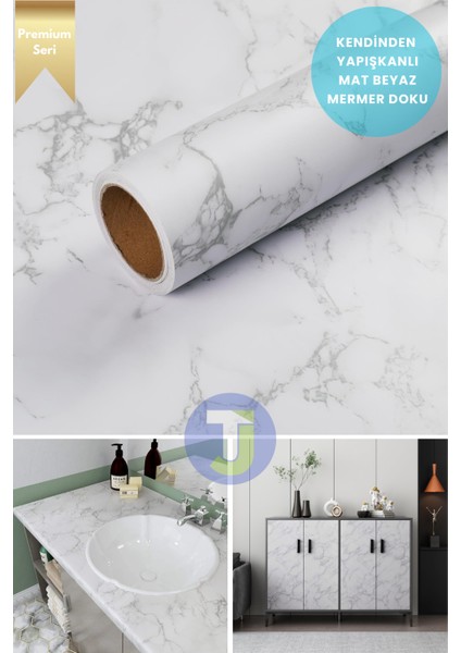 Kendinden Yapışkanlı Mat Mermer Desen Folyo Mutfak Banyo Tezgah Duvar Kaplama 60 cm x 500 cm Beyaz