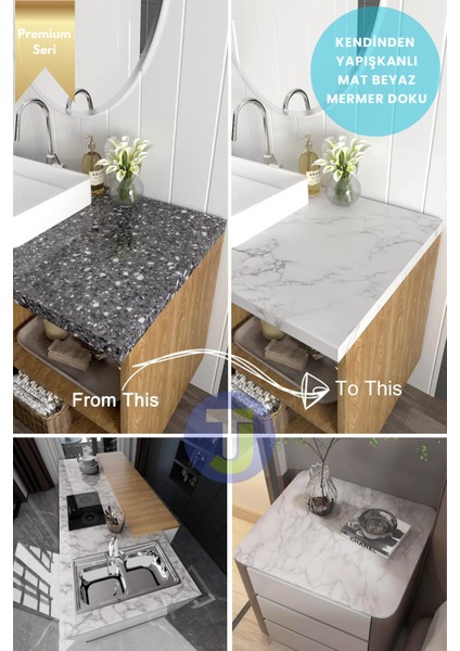 Kendinden Yapışkanlı Mat Mermer Desen Folyo Mutfak Banyo Tezgah Duvar Kaplama 60 cm x 500 cm Beyaz